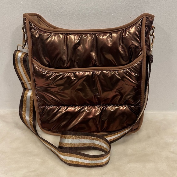 Ahdorned Handbags - Ahdorned liquid bronze puffe Metallic Brown Crossbody Bag Striped Shoulder Strap